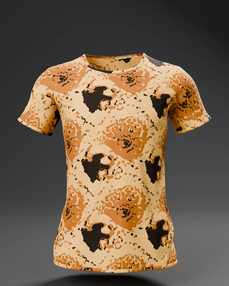 Maglietta con un pattern maculato ocra e marrone su fondo scuro