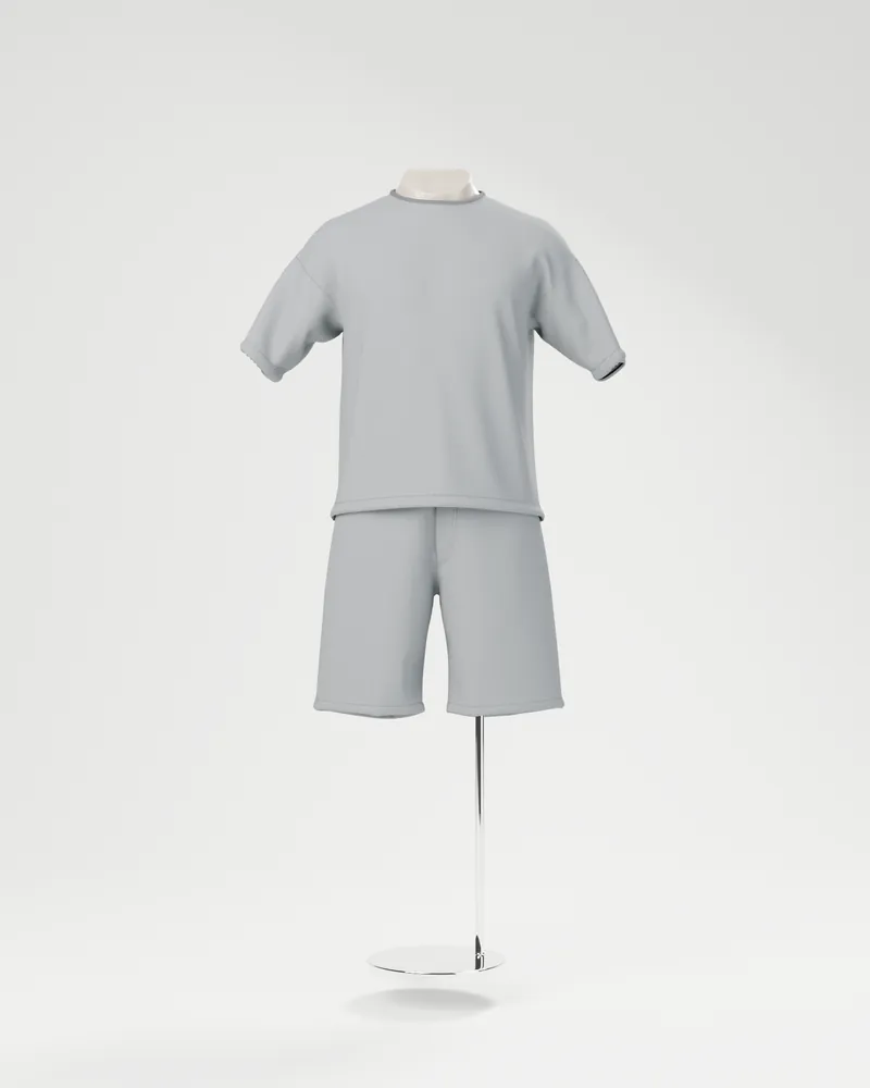 Manichino bianco con maglietta e pantaloncini grigi, senza pattern